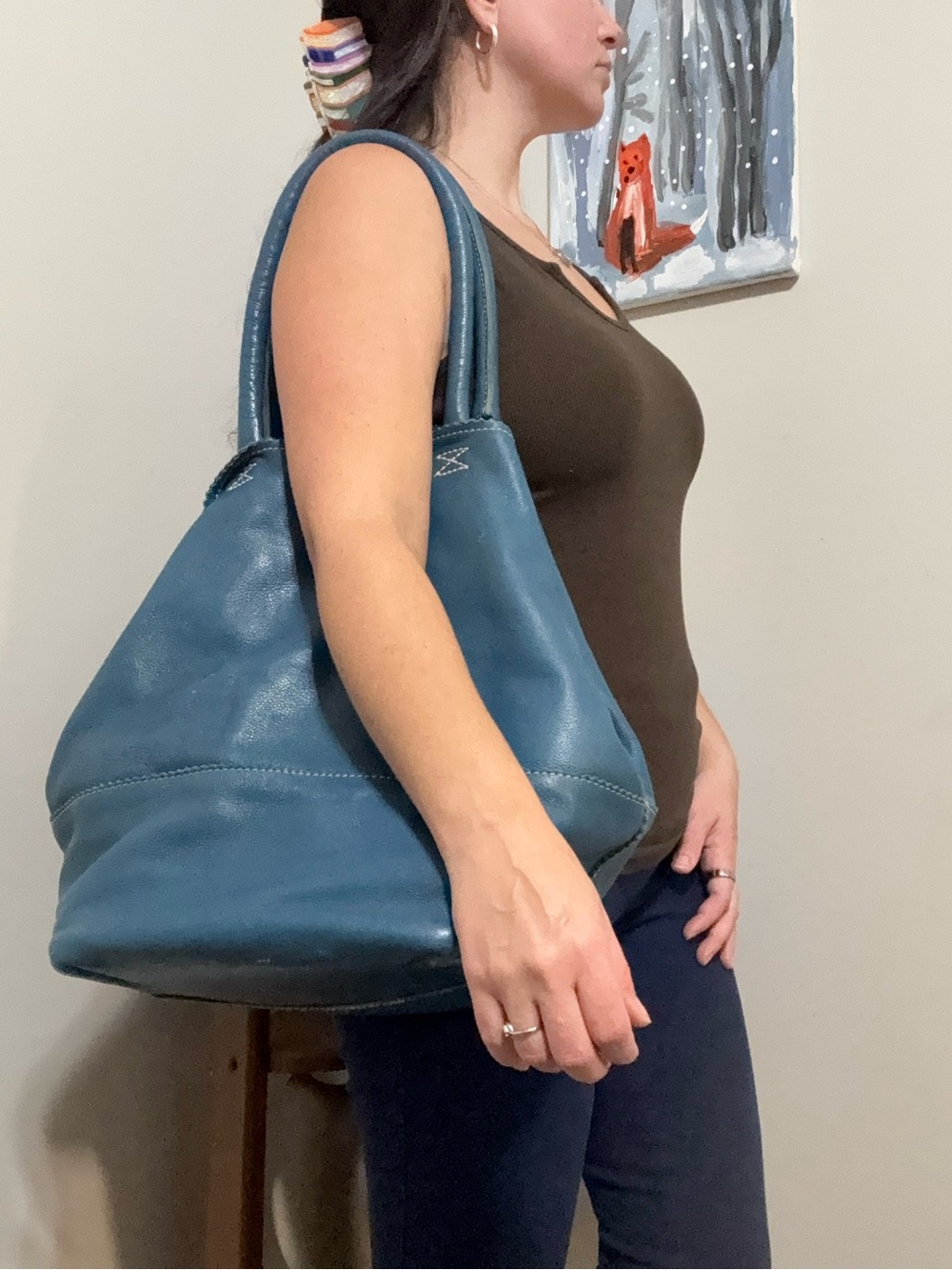 Crate&barrel leather tote bag blue peacock